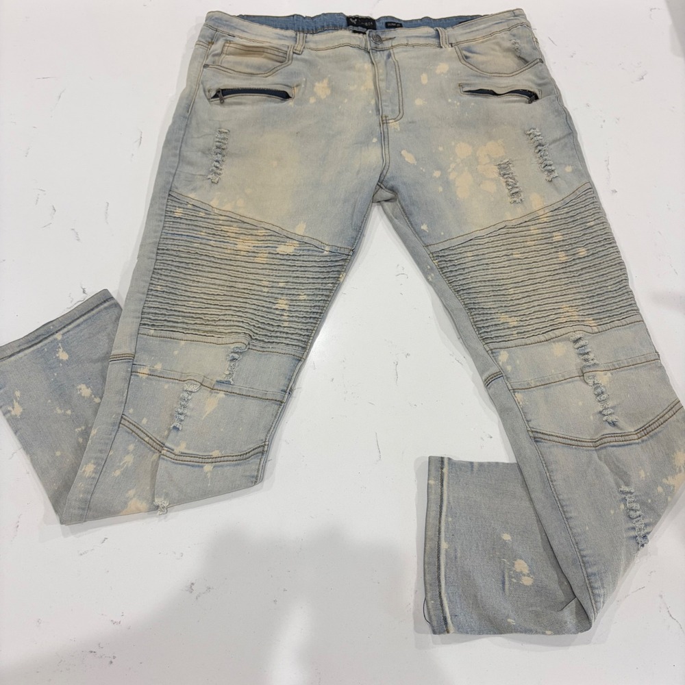 Waimea Mens Skinny Fit Biker Jeans Light Wash Bleach Splatter Distressed 40x32